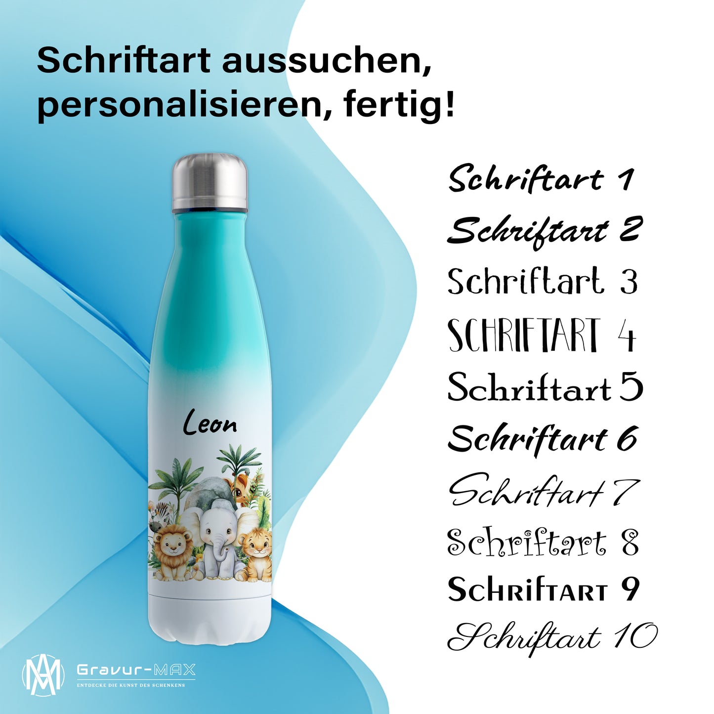 Trinkflasche mit Farbverlauf in Weiß/Mint 500ml aus Edelstahl bedruckt mit Dschungel Tieren"Dschungel Tiere" personalisierbar für Kinder mit Wunschname