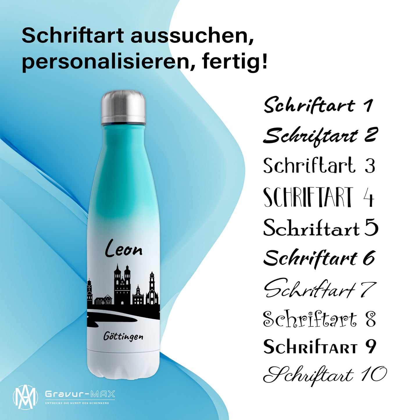 Trinkflasche in Weiß/Mint 500ml aus Edelstahl bedruckt mit der Skyline von Göttingen personalisierbar mit Wunschname