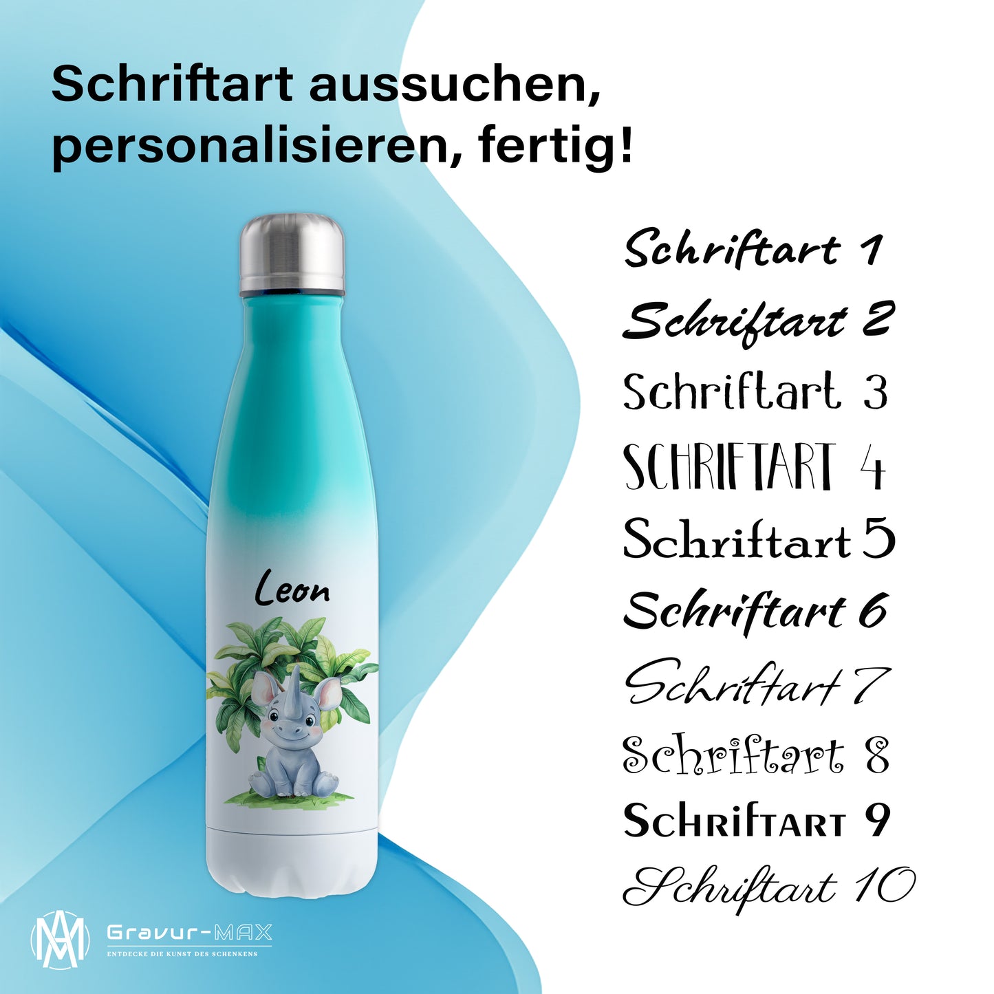 Trinkflasche mit Farbverlauf in Weiß/Mint 500ml aus Edelstahl bedruckt mit Dschungel Tieren"Nashorn" personalisierbar für Kinder mit Wunschname