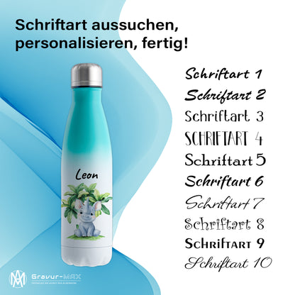 Trinkflasche mit Farbverlauf in Weiß/Mint 500ml aus Edelstahl bedruckt mit Dschungel Tieren"Nashorn" personalisierbar für Kinder mit Wunschname