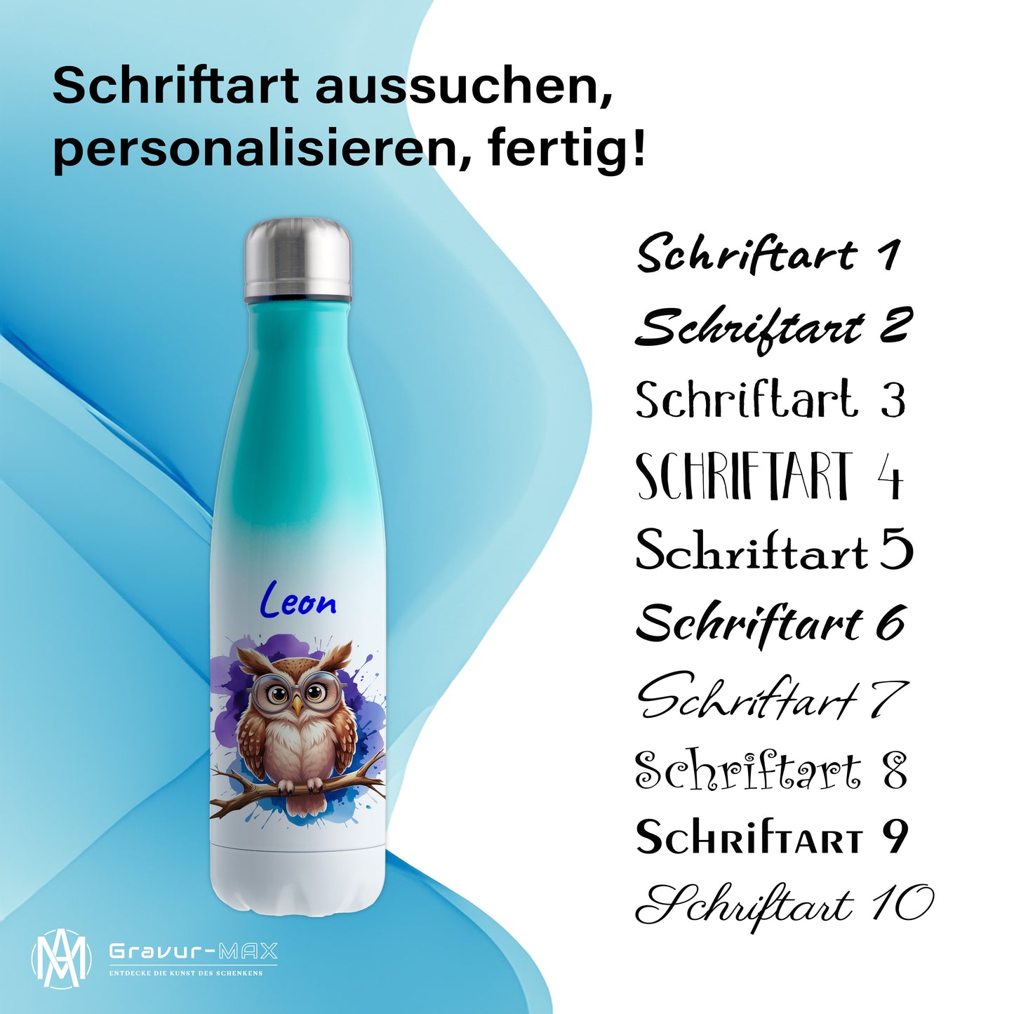 Trinkflasche in Weiß/Mint 500ml aus Edelstahl bedruckt mit niedlichen Tieren "Eule" personalisierbar für Kinder mit Wunschname