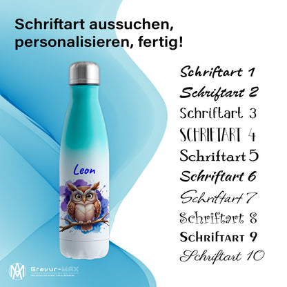Trinkflasche in Weiß/Mint 500ml aus Edelstahl bedruckt mit niedlichen Tieren "Eule" personalisierbar für Kinder mit Wunschname