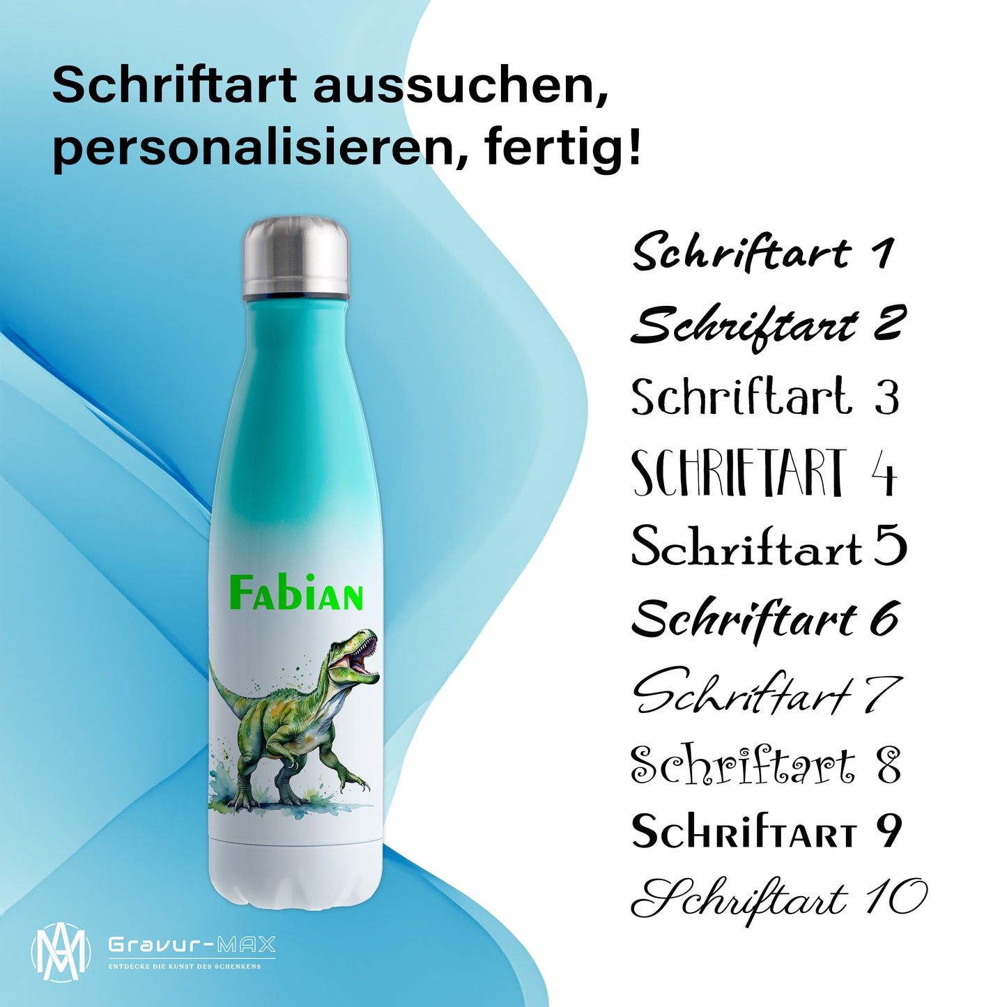 Thermoflasche 500ml in Weiß/Mint bedruckt mit tollen Motiven für Kinder "Dino T-Rex" personalisierbar mit Wunschname