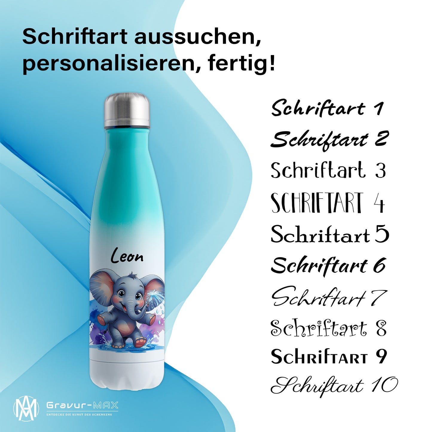 Trinkflasche in Weiß/Mint 500ml aus Edelstahl bedruckt mit niedlichen Tieren "Elefant" personalisierbar für Kinder mit Wunschname
