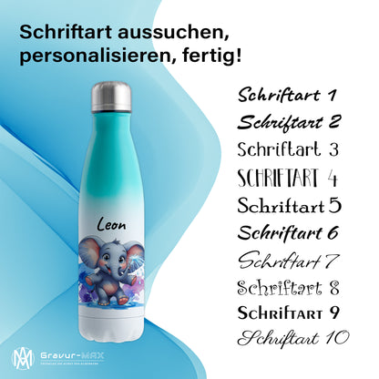 Trinkflasche in Weiß/Mint 500ml aus Edelstahl bedruckt mit niedlichen Tieren "Elefant" personalisierbar für Kinder mit Wunschname