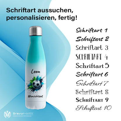Thermoflasche 500ml in Weiß/Mint aus Edelstahl bedruckt "Fußball" Motiv8 personalisierbar mit Wunschname & Text