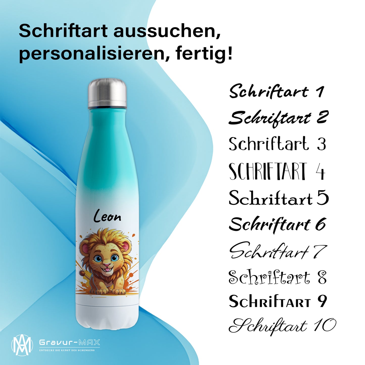 Trinkflasche in Weiß/Mint 500ml aus Edelstahl bedruckt mit niedlichen Tieren "Löwe" personalisierbar für Kinder mit Wunschname