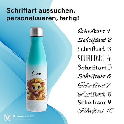 Trinkflasche in Weiß/Mint 500ml aus Edelstahl bedruckt mit niedlichen Tieren "Löwe" personalisierbar für Kinder mit Wunschname