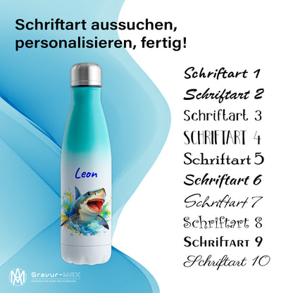 Thermoflasche 500ml in Weiß/Mint bedruckt mit tollen Motiven für Kinder "Hai" personalisierbar mit Wunschname
