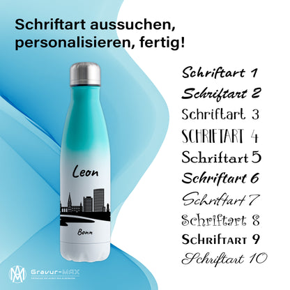 Trinkflasche in Weiß/Mint 500ml aus Edelstahl bedruckt mit der Skyline von Bonn personalisierbar mit Wunschname