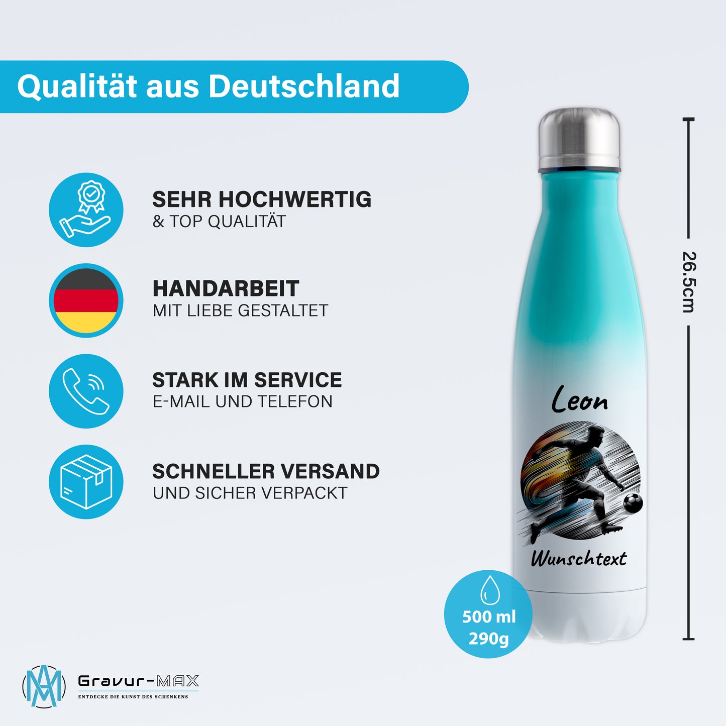 Thermoflasche 500ml in Weiß/Mint aus Edelstahl bedruckt "Fußball" Motiv2 personalisierbar mit Wunschname & Text