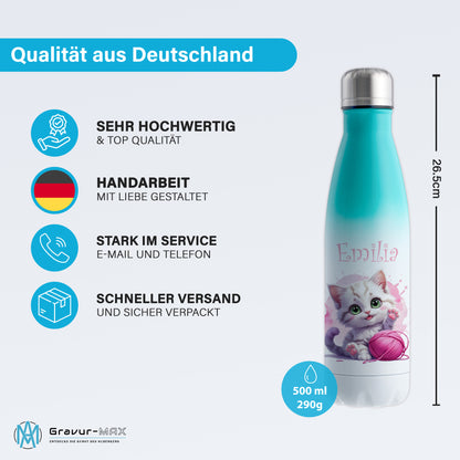 Trinkflasche in Weiß/Mint 500ml aus Edelstahl bedruckt mit niedlichen Tieren "Katze" personalisierbar für Kinder mit Wunschname