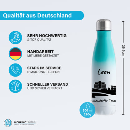 Trinkflasche in Weiß/Mint 500ml aus Edelstahl bedruckt mit der Skyline von Timmendorfer Strand personalisierbar mit Wunschname