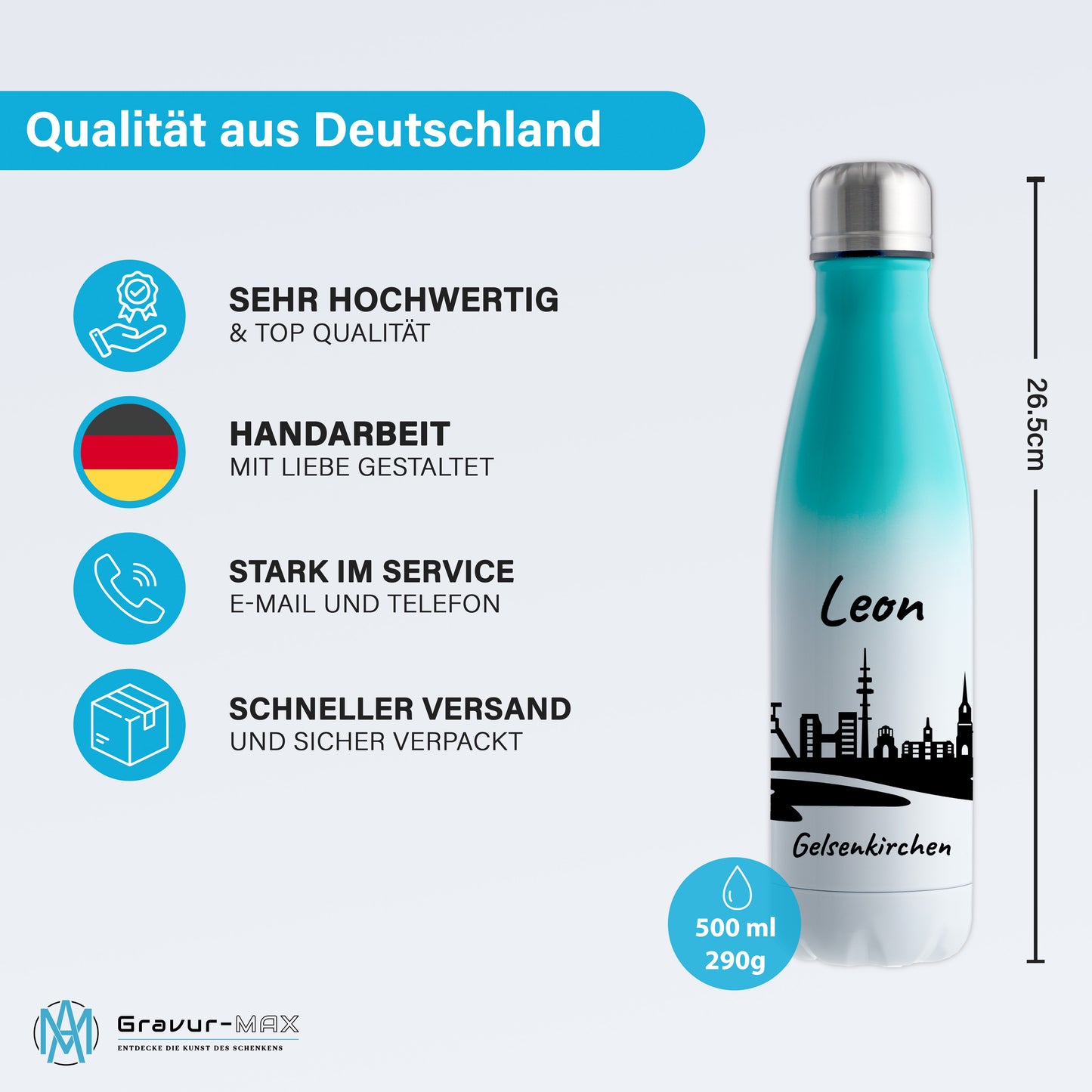 Trinkflasche in Weiß/Mint 500ml aus Edelstahl bedruckt mit der Skyline von Gelsenkirchen personalisierbar mit Wunschname