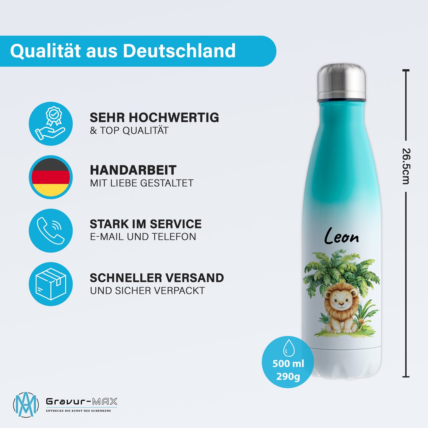 Trinkflasche mit Farbverlauf in Weiß/Mint 500ml aus Edelstahl bedruckt mit Dschungel Tieren"Löwe" personalisierbar für Kinder mit Wunschname