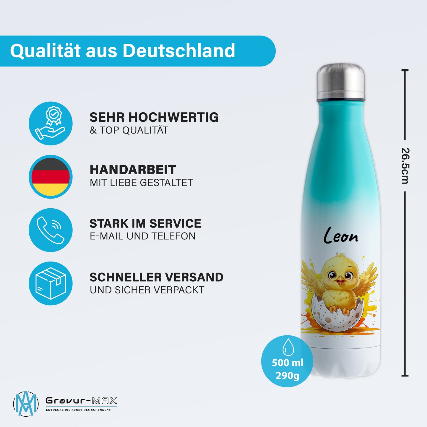 Trinkflasche in Weiß/Mint 500ml aus Edelstahl bedruckt mit niedlichen Tieren "Küken" personalisierbar für Kinder mit Wunschname
