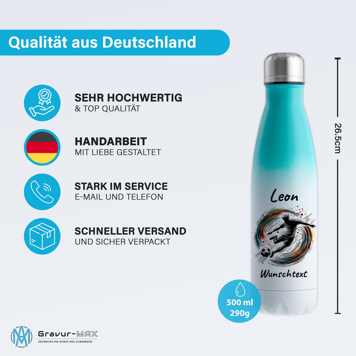 Thermoflasche 500ml in Weiß/Mint aus Edelstahl bedruckt "Fußball" Motiv1 personalisierbar mit Wunschname & Text