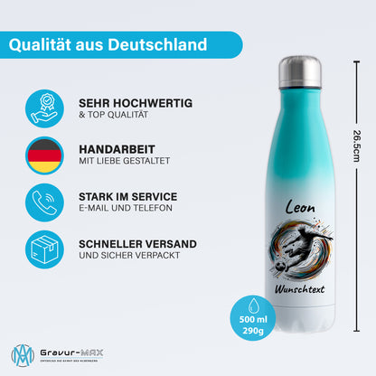 Thermoflasche 500ml in Weiß/Mint aus Edelstahl bedruckt "Fußball" Motiv1 personalisierbar mit Wunschname & Text