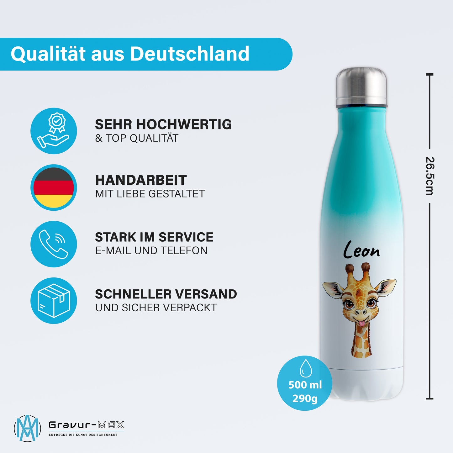 Trinkflasche in Weiß/Mint 500ml aus Edelstahl bedruckt mit niedlichen Tieren "Giraffe" personalisierbar für Kinder mit Wunschname