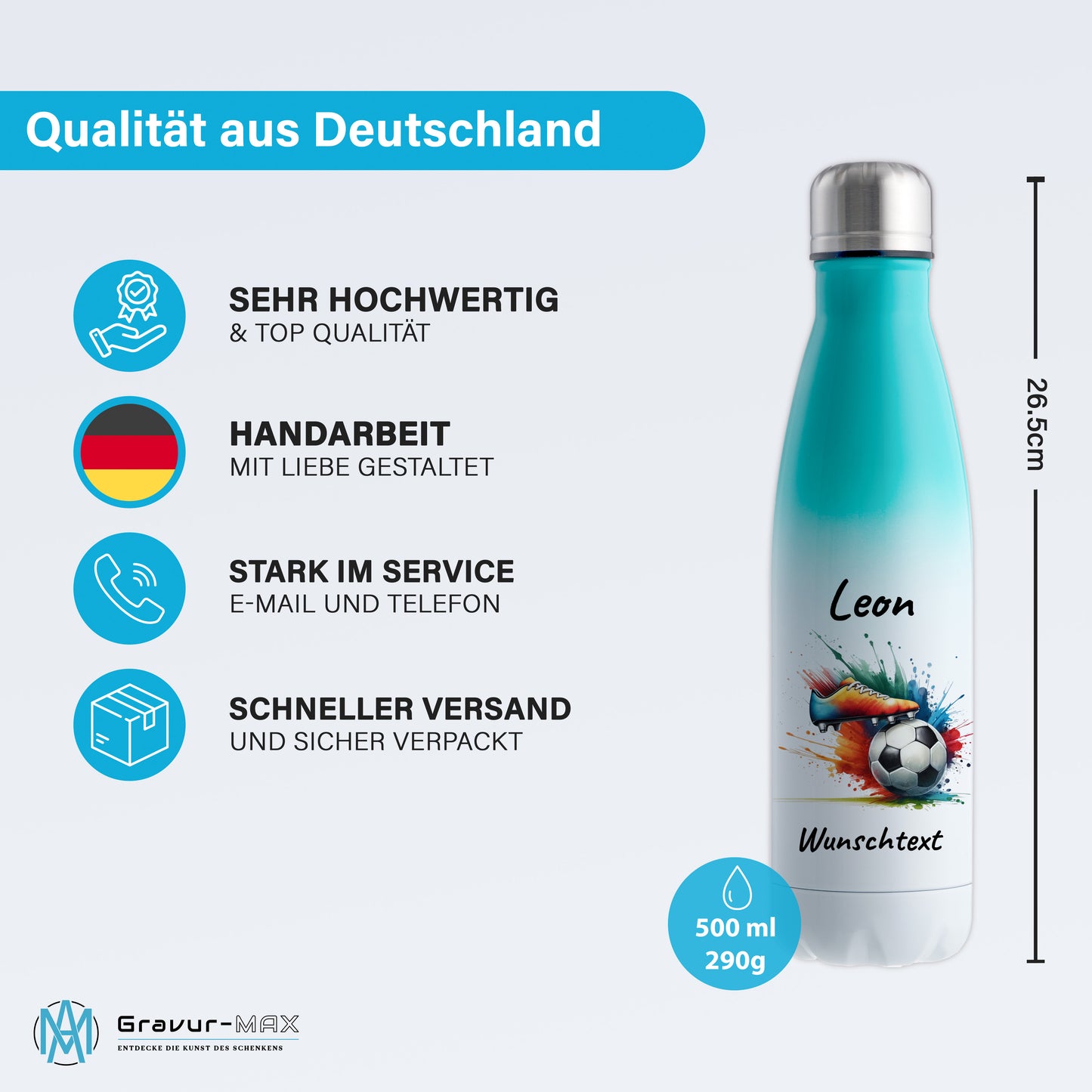 Thermoflasche 500ml in Weiß/Mint aus Edelstahl bedruckt "Fußball" Motiv6 personalisierbar mit Wunschname & Text