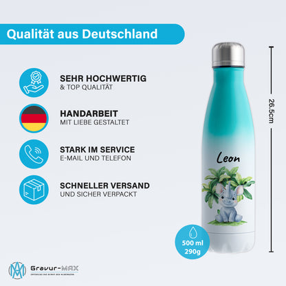 Trinkflasche mit Farbverlauf in Weiß/Mint 500ml aus Edelstahl bedruckt mit Dschungel Tieren"Nashorn" personalisierbar für Kinder mit Wunschname