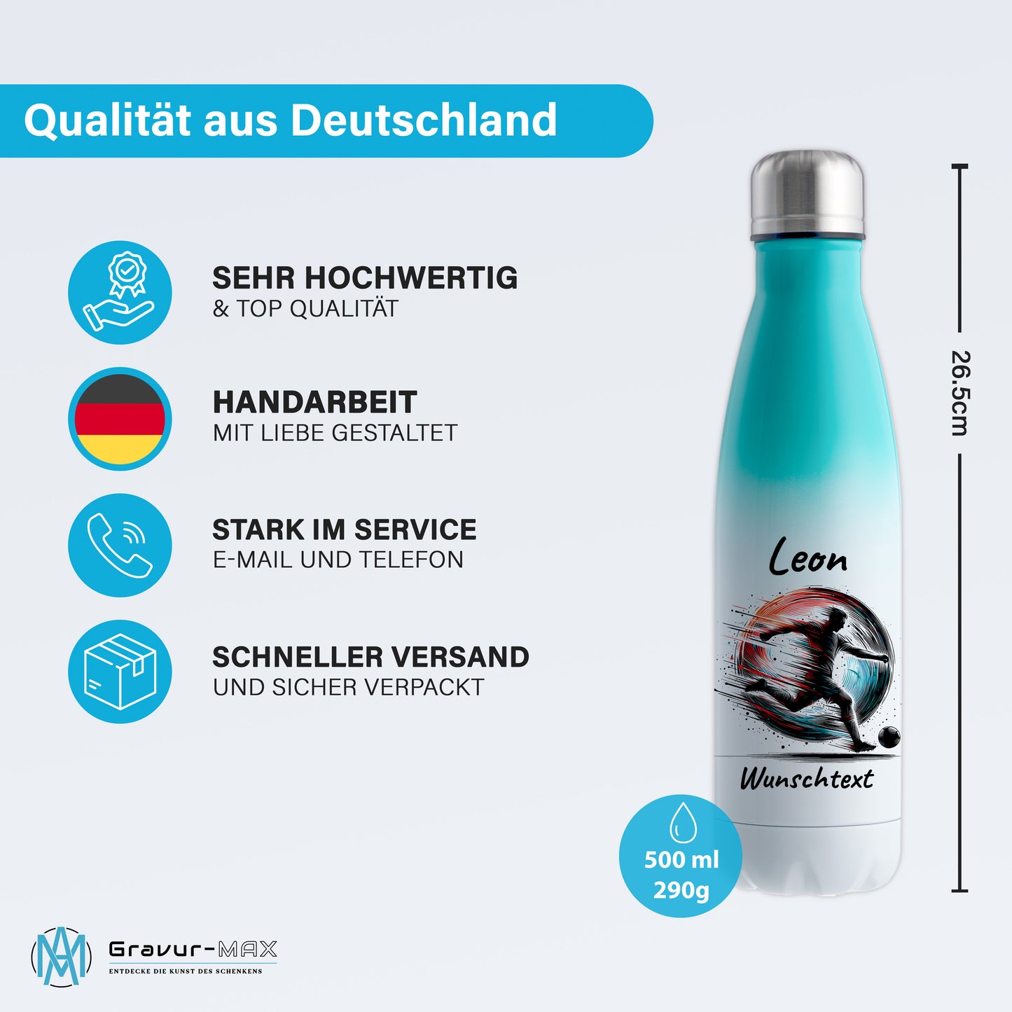 Thermoflasche 500ml in Weiß/Mint aus Edelstahl bedruckt "Fußball" Motiv3 personalisierbar mit Wunschname & Text