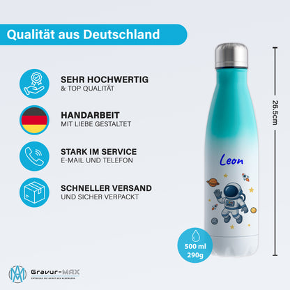 Thermoflasche 500ml in Weiß/Mint bedruckt mit tollen Motiven für Kinder "Astronaut" personalisierbar mit Wunschname