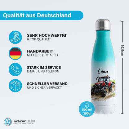 Thermoflasche 500ml in Weiß/Mint bedruckt mit tollen Motiven für Kinder "Traktor" personalisierbar mit Wunschname