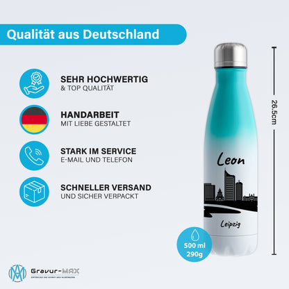 Trinkflasche in Weiß/Mint 500ml aus Edelstahl bedruckt mit der Skyline von Leipzig personalisierbar mit Wunschname