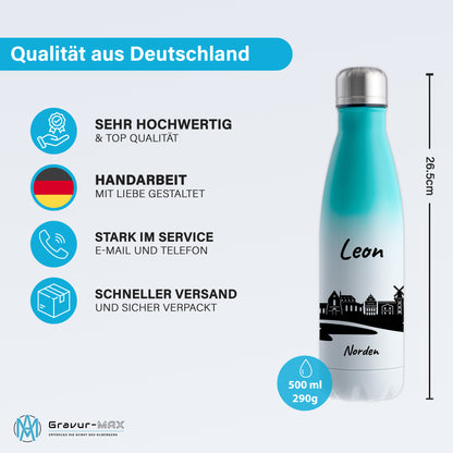 Trinkflasche in Weiß/Mint 500ml aus Edelstahl bedruckt mit der Skyline von Norden personalisierbar mit Wunschname