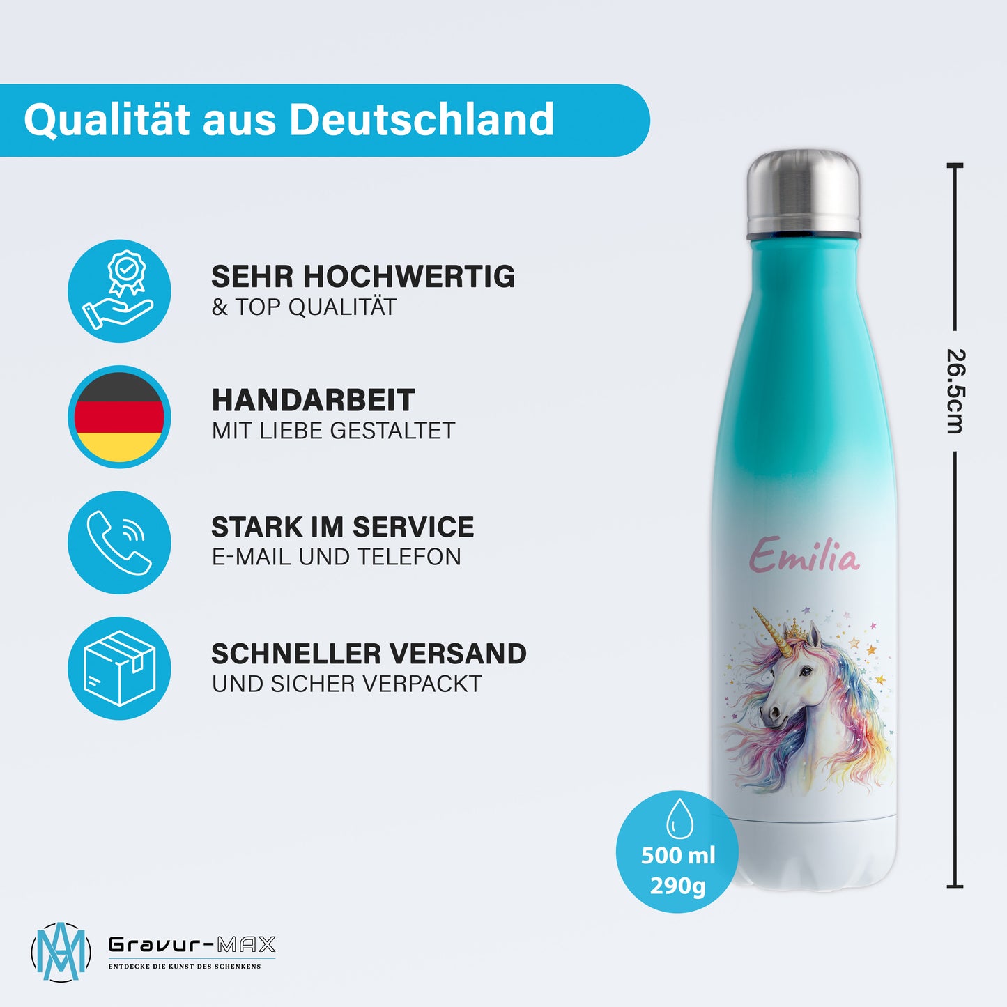 Thermoflasche 500ml in Weiß/Mint bedruckt mit tollen Motiven für Kinder "Einhorn" personalisierbar mit Wunschname