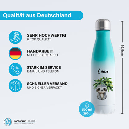Trinkflasche mit Farbverlauf in Weiß/Mint 500ml aus Edelstahl bedruckt mit Dschungel Tieren"Faultier" personalisierbar für Kinder mit Wunschname