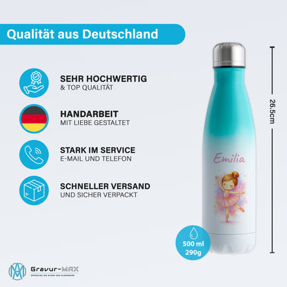Thermoflasche 500ml in Weiß/Mint bedruckt mit tollen Motiven für Kinder "Ballerina" personalisierbar mit Wunschname