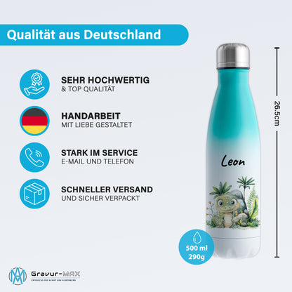 Trinkflasche mit Farbverlauf in Weiß/Mint 500ml aus Edelstahl bedruckt mit Dschungel Tieren"Krokodil" personalisierbar für Kinder mit Wunschname