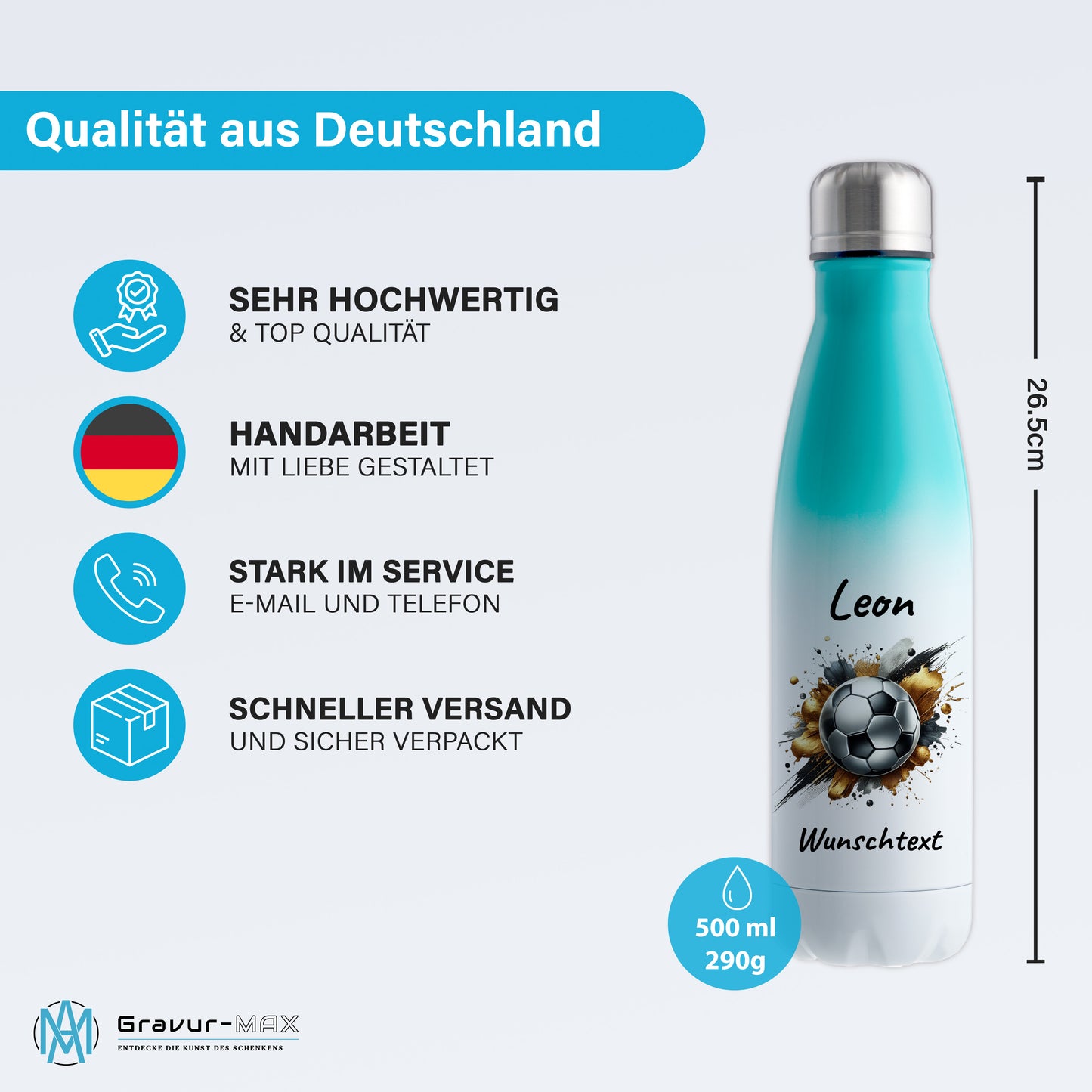 Thermoflasche 500ml in Weiß/Mint aus Edelstahl bedruckt "Fußball" Motiv13 personalisierbar mit Wunschname & Text