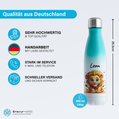 Trinkflasche in Weiß/Mint 500ml aus Edelstahl bedruckt mit niedlichen Tieren "Löwe" personalisierbar für Kinder mit Wunschname
