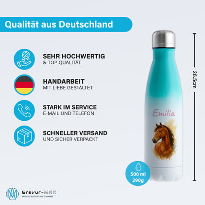 Thermoflasche 500ml in Weiß/Mint bedruckt mit tollen Motiven für Kinder "Pferd" personalisierbar mit Wunschname
