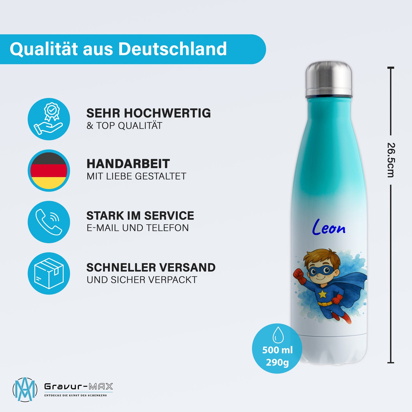 Thermoflasche 500ml in Weiß/Mint bedruckt mit tollen Motiven für Kinder "Superheld" personalisierbar mit Wunschname