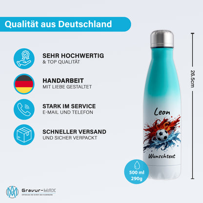 Thermoflasche 500ml in Weiß/Mint aus Edelstahl bedruckt "Fußball" Motiv12 personalisierbar mit Wunschname & Text