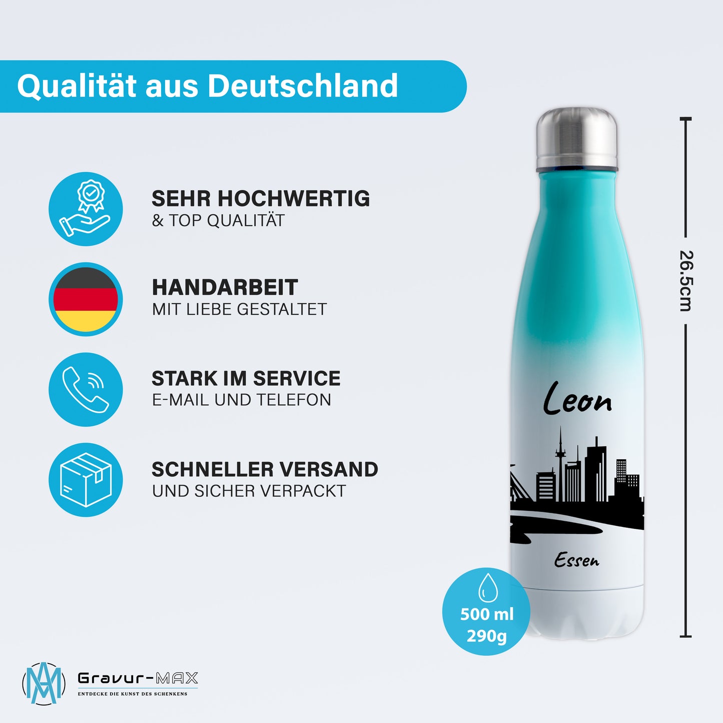 Trinkflasche in Weiß/Mint 500ml aus Edelstahl bedruckt mit der Skyline von Essen personalisierbar mit Wunschname