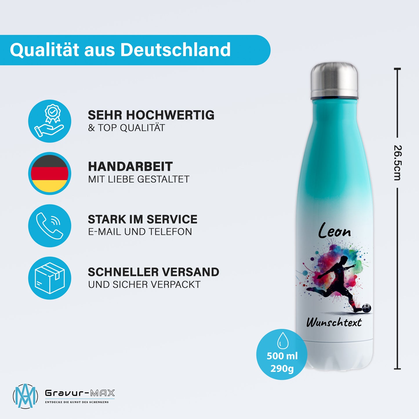 Thermoflasche 500ml in Weiß/Mint aus Edelstahl bedruckt "Fußball" Motiv4 personalisierbar mit Wunschname & Text