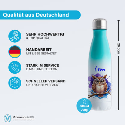 Trinkflasche in Weiß/Mint 500ml aus Edelstahl bedruckt mit niedlichen Tieren "Eule" personalisierbar für Kinder mit Wunschname