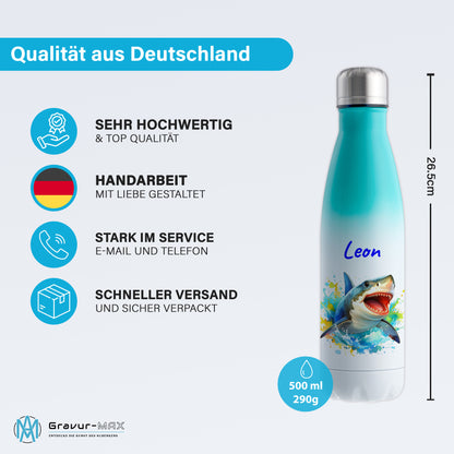 Thermoflasche 500ml in Weiß/Mint bedruckt mit tollen Motiven für Kinder "Hai" personalisierbar mit Wunschname