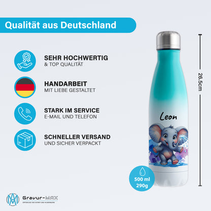 Trinkflasche in Weiß/Mint 500ml aus Edelstahl bedruckt mit niedlichen Tieren "Elefant" personalisierbar für Kinder mit Wunschname