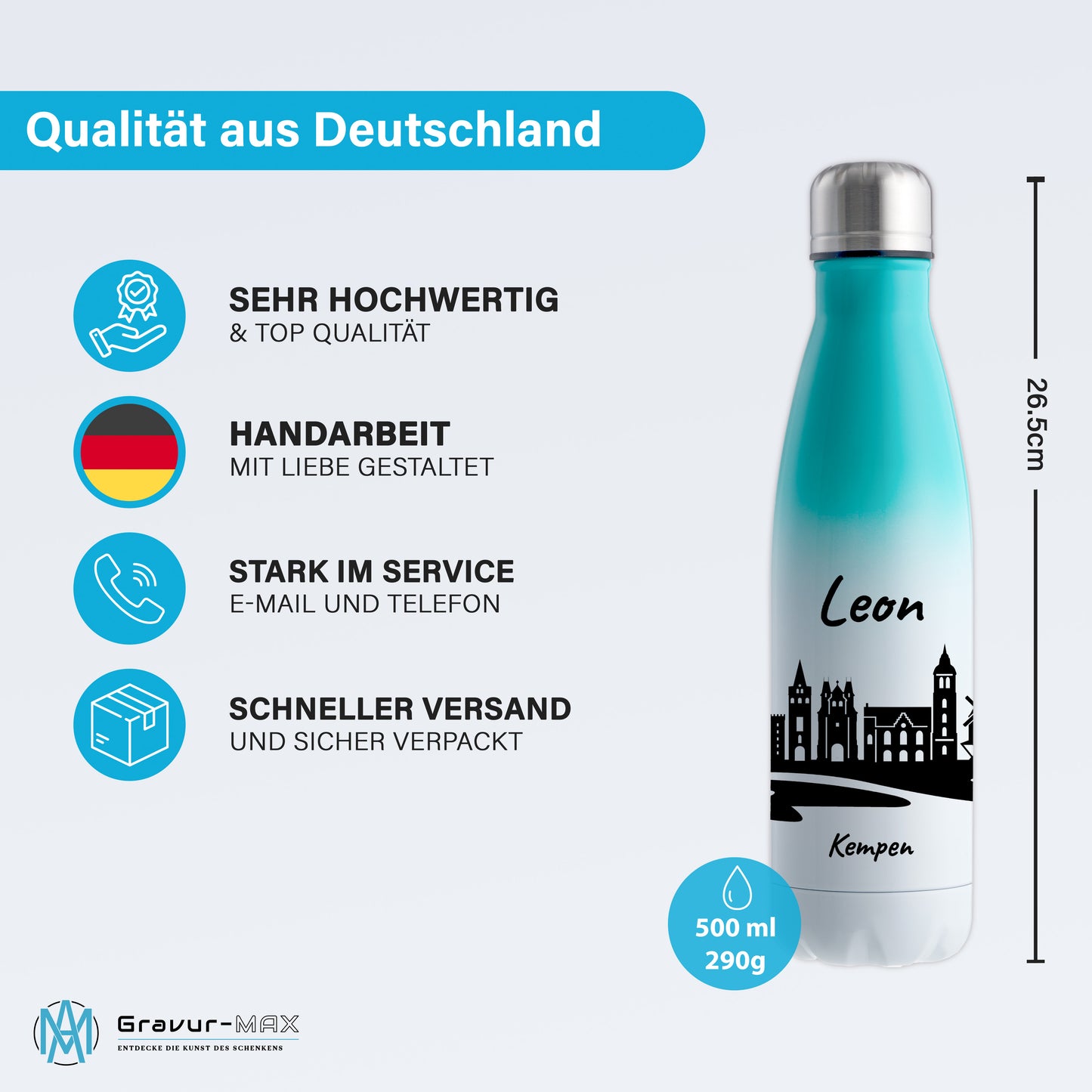 Trinkflasche in Weiß/Mint 500ml aus Edelstahl bedruckt mit der Skyline von Kempen personalisierbar mit Wunschname