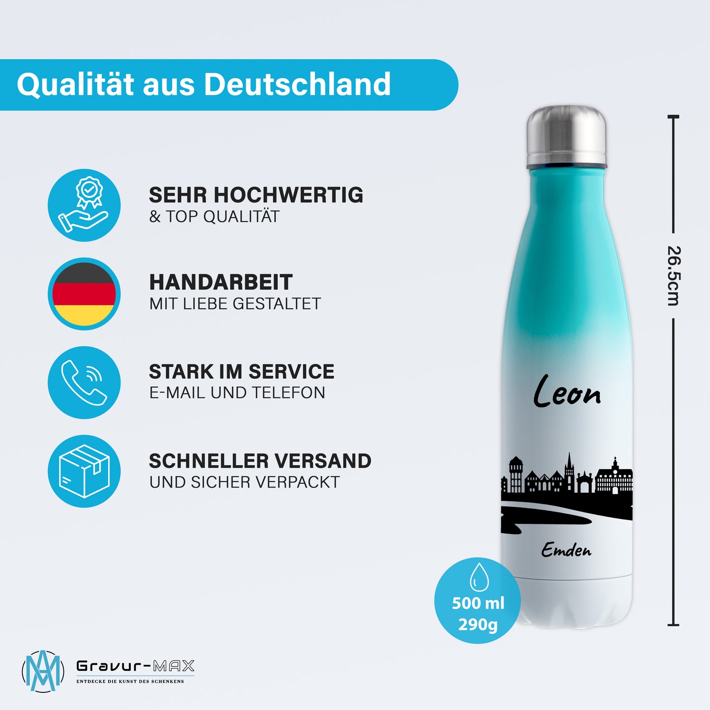 Trinkflasche in Weiß/Mint 500ml aus Edelstahl bedruckt mit der Skyline von Emden personalisierbar mit Wunschname
