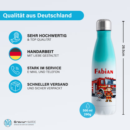 Thermoflasche 500ml in Weiß/Mint bedruckt mit tollen Motiven für Kinder "Feuerwehr" personalisierbar mit Wunschname