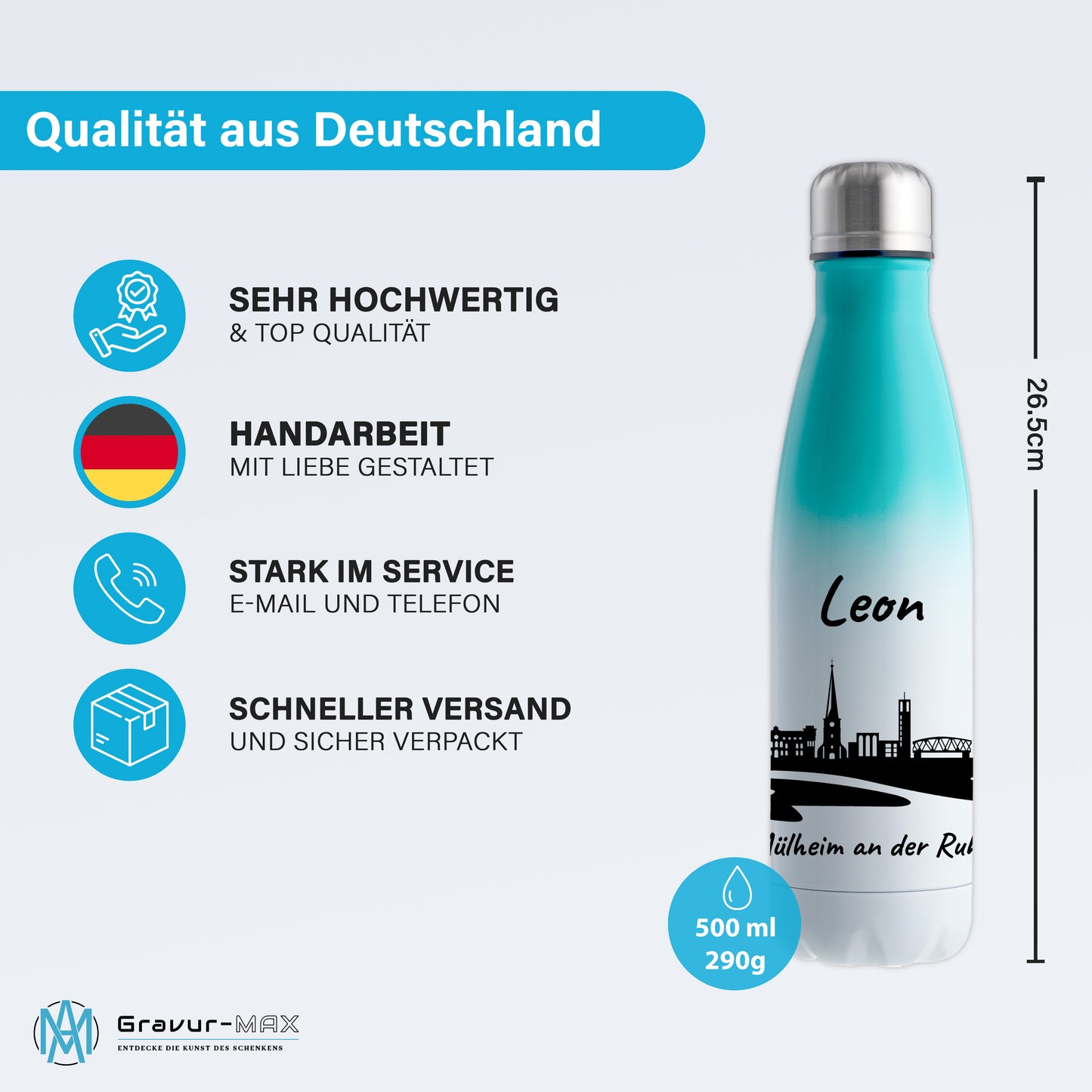Trinkflasche in Weiß/Mint 500ml aus Edelstahl bedruckt mit der Skyline von Mülheim an der Ruhr personalisierbar mit Wunschname
