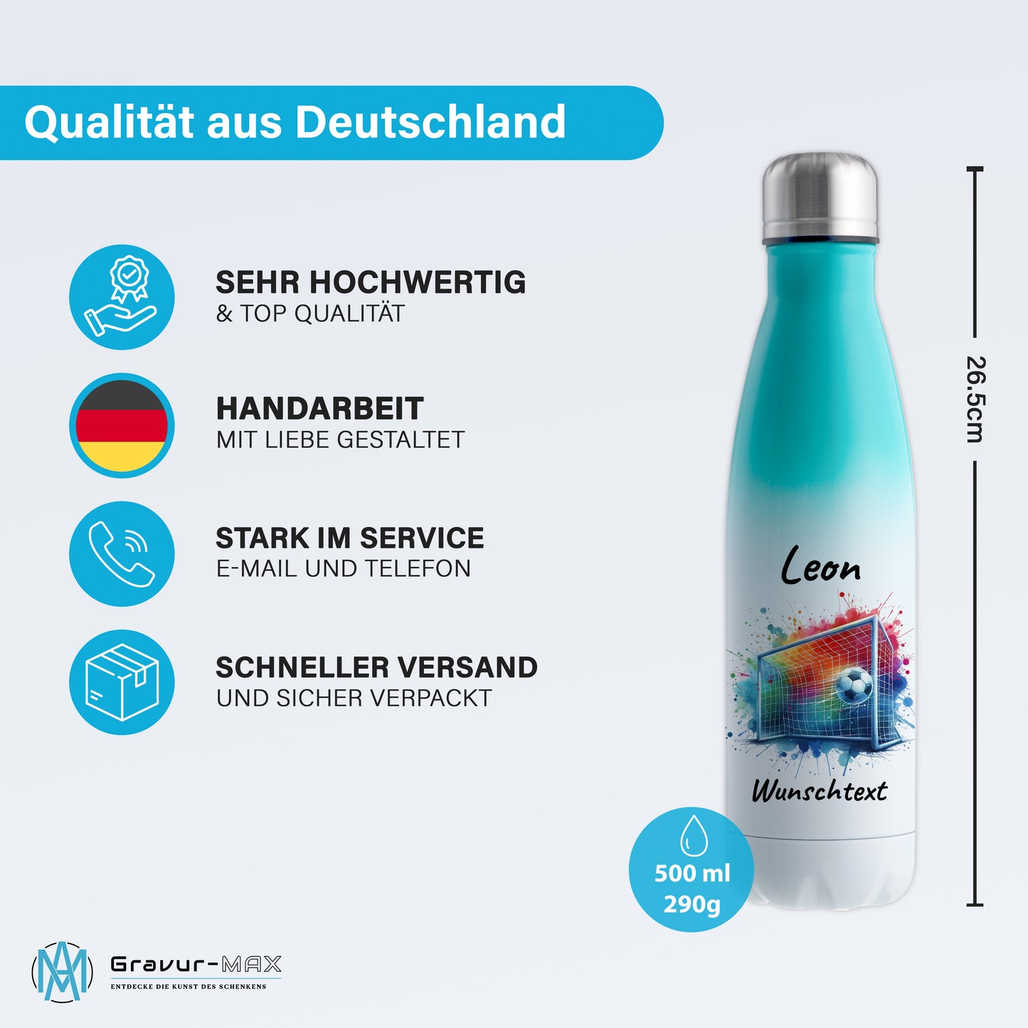 Thermoflasche 500ml in Weiß/Mint aus Edelstahl bedruckt "Fußball" Motiv5 personalisierbar mit Wunschname & Text