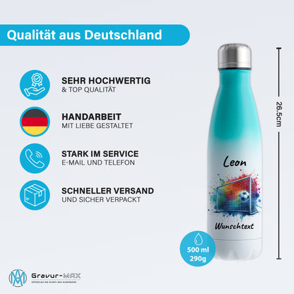 Thermoflasche 500ml in Weiß/Mint aus Edelstahl bedruckt "Fußball" Motiv5 personalisierbar mit Wunschname & Text